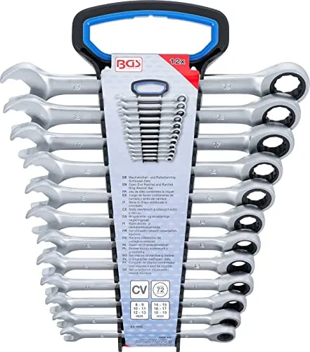 BGS Maulratschen- und Ratschenring-Schlüssel-Satz 12-tlg. | SW 8 - 19 mm - Werkzeug-Set mit 72-Zähne Knarrenkopf für präzise Arbeiten, verchromte Oberfläche für Langlebigkeit und optimalen Grip.