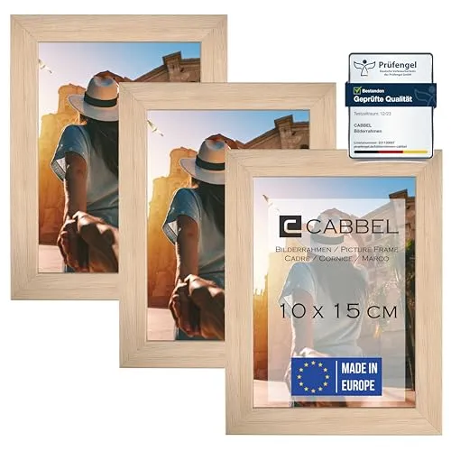 CABBEL (3er Set Bilderrahmen 10x15 cm, Natur, stabiles MDF-Holz Rahmen, bruchsicherem Plexi-Glas, zum Aufhängen & Aufstellen, ideal für Fotos/Bilder/Collage