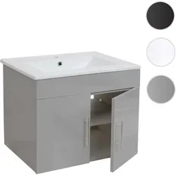 HWC-D16 Waschbecken + Unterschrank, grau, 60cm - Waschbeckenunterschrank mit hochglänzendem Design und viel Stauraum. MVG-zertifiziert und mit Soft-Close-System für einen modernen Look im Badezimmer.