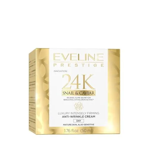 Eveline Cosmetics Prestige 24K Luxus Intensiv Anti-Aging Straffende Tagescreme mit wertvollen Inhaltsstoffen - Kaviar, 24K Gold, Schneckenschleim, Retinol und mehr - 50ml