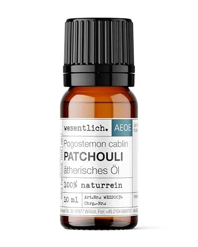 Produktbild wesentlich. Patchouli Öl | mystisch, sinnlich warme Duftnote | 100% naturreines, ätherisches Öl | Glasflasche (10ml)