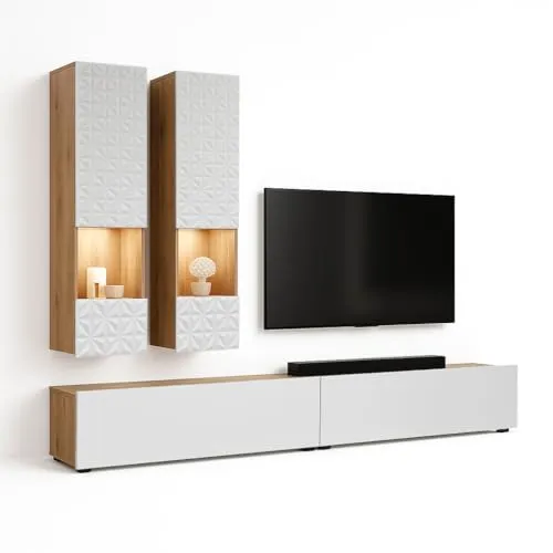 Trendteam Wohnwand Rezzo: TV-Lowboard hängend/stehend + 2 Vitrinen - Wohnwände mit stilvollem Design, inklusive TV-Lowboard und zwei Hängevitrinen, beeindruckt durch aufwändige 3D-Fräsung auf den Vitrinentüren.