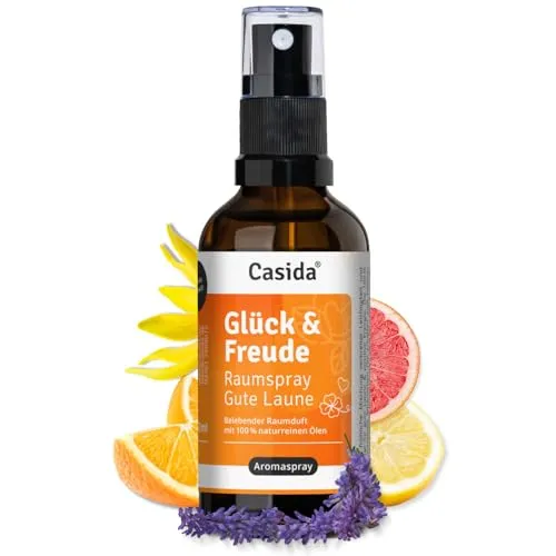 Casida Glück & Freude Raumspray - Belebender Raumduft mit 100% naturreinen Ölen - Gute Laune und positive Energie - natürliches Duftspray für Zuhause, Büro und unterwegs - 50ml