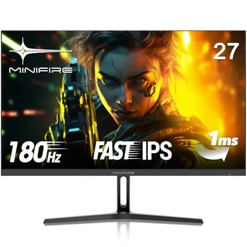 Minifire 27 Zoll FHD Gaming Monitor - 180Hz mit 1ms Reaktionszeit - Erlebe flüssiges Gaming mit 180 Hz Bildwiederholfrequenz und 1 ms Reaktionszeit. Der 27 Zoll Monitor bietet HDR, AdaptiveSync und ein randloses Design für beeindruckende Spiele-Action.