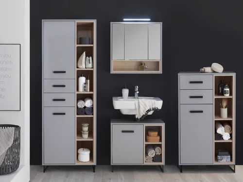Badmöbel-Set TOURS 8 in Grau/Sonoma, 4-teilig mit LED-Spiegelschrank