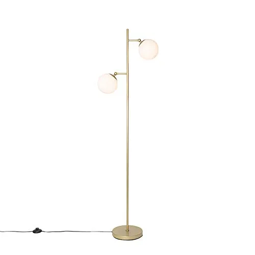 Qazqa Art Deco Stehleuchte - Elegante 2-Licht Lampe in Gold & Messing - Standleuchte im Art Deco Stil mit dimmbaren E14 Fassungen, ideal für Wohnzimmer und Schlafzimmer. Modernes Design trifft auf Funktionalität – perfekt für stimmungsvolle Beleuchtung!