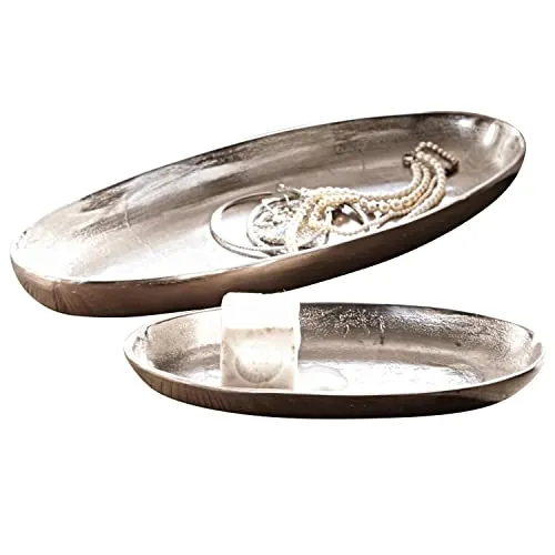 Loberon Schalen 2er Set Marné, Zwei Größen, lang gestreckte Form, glanzvolles Antik-Finish, Dekoration, Deko-Objekt, Wohn-Accessoire, Aluminium, antiksilber
