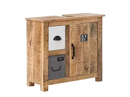 Woodkings® Waschbeckenunterschrank Pune aus massivem Mango-Holz - Rustikaler Unterschrank für das Bad, 1-türig mit 2 Schubladen, aus massivem Mango-Holz, ideal für Loft- und Landhausstil, kein Aufbau nötig – einfach auspacken und hinstellen.
