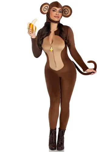 LEG AVENUE Cheeky Monkey Kostüm, 2-teilig mit Bananen-Reißverschluss - Kostüme: Ultraweicher Samtplüsch-Catsuit mit frechem Affenbutt, verdrahtetem Schwanz und Ohrhaube für einen humorvollen Auftritt bei Halloween oder Partys.