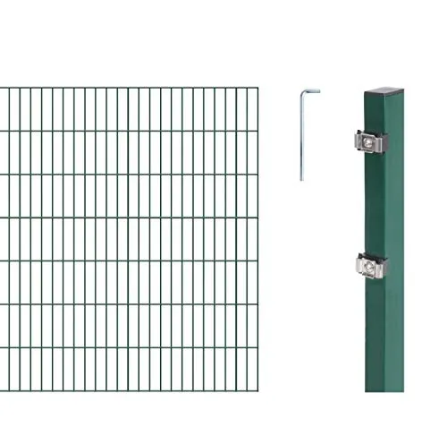 Metallzaun Grund-Set Doppelstabmatte verzinkt Grün 13 x 2 m x 1,4 m - Gartenzäune für langlebige und zuverlässige Einzäunung, verzinkt und grün beschichtet für optimalen Rostschutz, ideal für Grundstücksbegrenzungen.