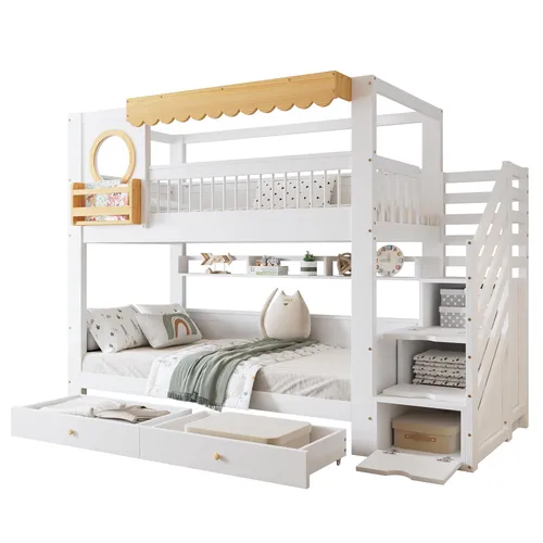 Etagenbett mit 2 Liegeflächen, Schubladen, Regal und Stauraum, 90x200 cm, Kinderbett mit Rausfallschutz, Hausbett, Kiefer