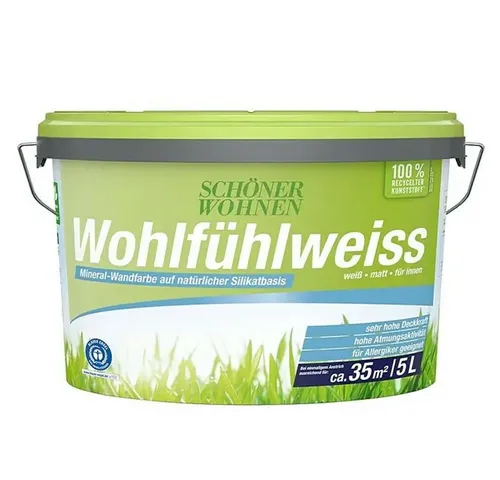 SCHÖNER WOHNEN FARBE Wohlfühlweiss 5,0 Ltr. Wandfarbe - Hochdeckende, atmungsaktive Mineral-Wandfarbe für ein gesundes Wohnklima. Ideal für verschiedene Untergründe, waschbeständig und leicht zu verarbeiten.