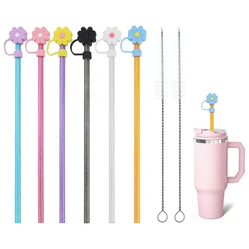 Pack Farbige Strohhalme für Stanley Cup,Strohhalme Zubehör für 40/30oz Stanley Reisebecher, 31cm extra lange mit 6 Staubdichte Silikonmaterial Strohhalme Abdeckung und 2 Reinigungsbürsten 6
