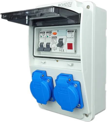 Stromverteiler 230V mit LED Signalleuchte - Verteiler für Indoor/Outdoor mit 2x 230V Schuko Steckdosen, 40A Fi Schutzschalter und LED Indikator für maximale Sicherheit beim Anschluss.