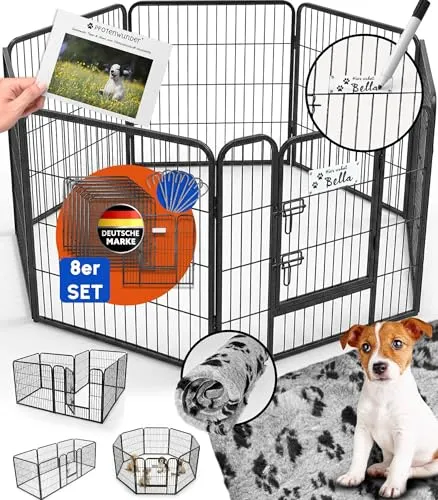 PFOTENWUNDER® Welpenlaufstall 8-teilig - Stabil & Faltbar mit Hundebett - Robuster 8-teiliger Welpenlaufstall (80cm hoch, 2x2m) mit wetterfestem Design und hilfreichem Trainingsbuch. Ideal für die sichere Auslaufgestaltung Ihrer Fellnase.