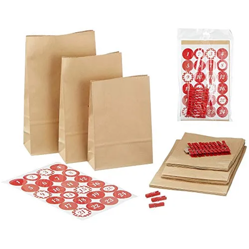 DIY Adventskalender zum Befüllen 72-teilig + 134 Sterne-Sticker zum Kleben - Do it youself Kalender Advent - Papiertüten Weihnachten - Braune Geschenktüten weihnachtlich