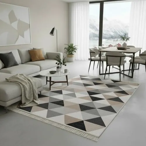 Fashion4Home Boho Kelim Teppich Läufer - Wender mit Karo-Grau Design, 120x170 cm - Teppiche für Wohnzimmer, Schlafzimmer, Küche und mehr. Wenden Sie den Teppich für einen neuen Look! Umweltfreundlich aus recyceltem Material und waschbar bei 30 °C.