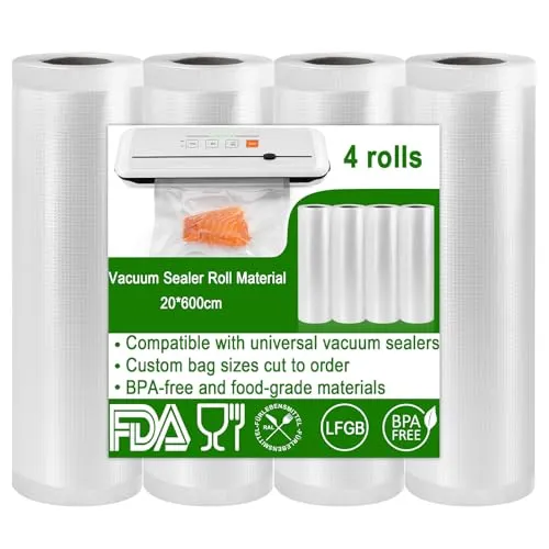 Vakuumbeutel Lebensmittel Vakuumiergerät, 4 Rollen Profi Einschweißfolie für Folienrollen Vakuumierer Vakuumierbeutel Rolle, Sehr Stark Reißfest Sous Vide Gefrierbeutel BPA Frei(20x600 CM)