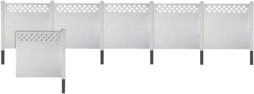 Tetzner & Jentzsch Sichtschutzelement LANGLEY 4, Set – Pflegeleichte PVC-Kunststoffzäune - Hochwertige Sichtschutzelemente aus langlebigem PVC, mit eleganten Aluminium-Pfosten und Pyramidenabdeckung. Ideal für stilvolle und wartungsarme Gartenlösungen.