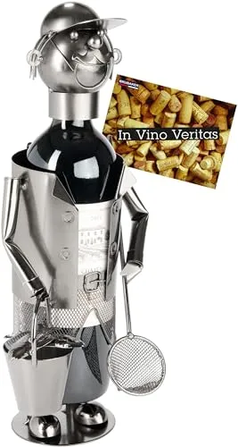 BRUBAKER Weinflaschenhalter Angler mit Kescher - Metall Flaschenhalter Angeln - 35 cm Wein Geschenk Angelsport - Fischer Flaschenständer Dekoration mit Grußkarte