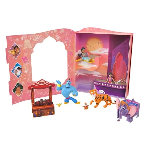Mattel DISNEY PRINCESS Jasmin klassisches Geschichtenbuchset - 6 Lieblingsfiguren aus dem Film Aladdin, doppelseitiger Hintergrund, perforierte Teile und fliegendem Teppich, ab 3 Jahren, HPL57