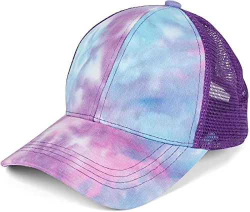 styleBREAKER Damen Ponytail Baseball Cap im Batik Look mit Mesh Einsatz, Basecap, Klettverschluss verstellbar 04023081, Farbe:Türkis-Violett