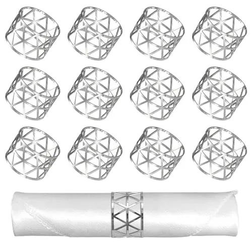 Serviettenringe 12 Stück Metal Serviettenringe Hohl-Out Serviettenschnallen Halter Elegante Tischdekoration für Hochzeit, Ramadan, Bankett, Feiern, Party (Silber)