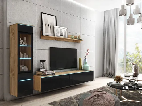 MIRJAN24 Wohnwand Vera I, Stilvolles Wohnzimmer-Set mit Beleuchtung - Moderne Wohnwand mit TV-Schrank, Vitrine und Wandregal in Wotan/Schwarz Hochglanz. Perfekt für ein elegantes Wohnzimmer und bietet viel Stauraum.