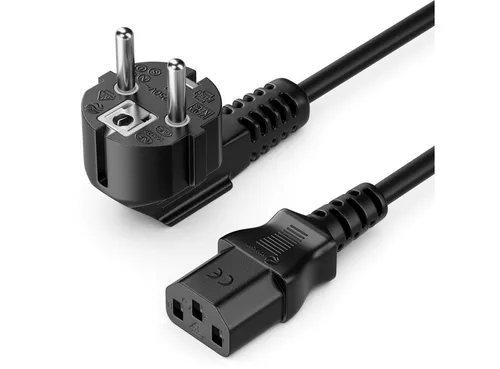deleyCON 15m Kaltgerätekabel Typ F (CEE 7/4) 90° - Netzkabel für TV, PC und Beamer, robust und langlebig mit 90° abgewinkeltem Stecker für mehr Platz und Flexibilität.