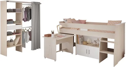 Parisot Jugendzimmer-Set Charly 22 – Hochbett mit ausziehbarem Schreibtisch - Praktisches 2-teiliges Set für das Jugendzimmer: Hochbett mit integriertem ausziehbarem Schreibtisch auf Rollen und Mehrzweckschrank. Optimal für Schlafen, Lernen und Stauraum.