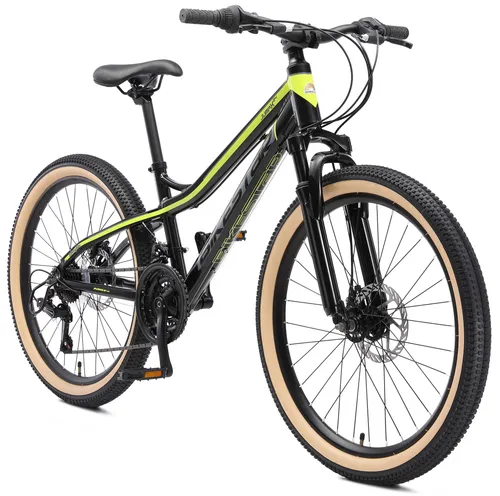 BIKESTAR Kinder Jugend Mountainbike 24 Zoll - Schwarz Grün - Robustes 24 Zoll Hardtail Mountainbike für Kinder ab 9 Jahren, ideal für Stadt und Gelände. Ausgestattet mit 21-Gang Shimano Schaltung und stabiler Aluminiumrahmen für Sicherheit und Langlebigkeit.