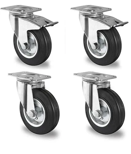 Rollensatz 2 Lenkrollen mit Feststeller + 2 Lenkrollen 200 mm Vollgummi schwarz mit Stahlfelge