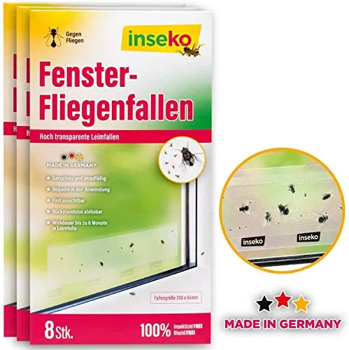 inseko 24x Fenster-Fliegenfallen transparent – Fliegenfänger für Fensterscheiben – Giftfreie Klebefalle gegen Fliegen, Fruchtfliegen & Insekten – Rückstandslos ablösbar – Made in Germany
