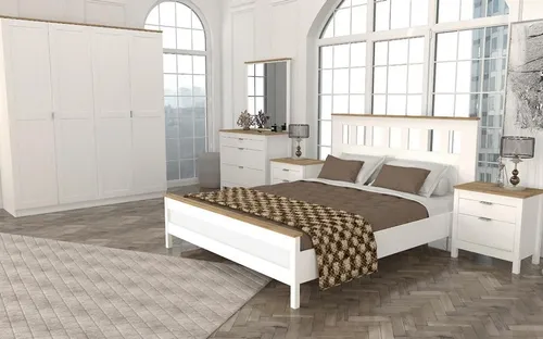 Schlafzimmer Möbel Set Weiß 5-teilig mit Bett und Nachttischen - 5-teiliges Set für das Schlafzimmer: Bett, 2 Nachttische, Kommode und Kleiderschrank in modernem Design. Helles Holz sorgt für eine freundliche Atmosphäre und bietet viel Stauraum.