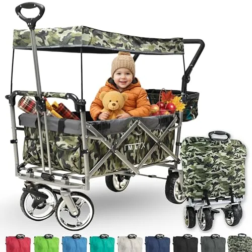 IMLEX Bollerwagen faltbar mit Dach IM-4268 Camouflage| Hohe Stabilität, 1X 3-Punkt Gurtsystem | Handwagen klappbar mit Schiebegriff ideal für 2 Kinder