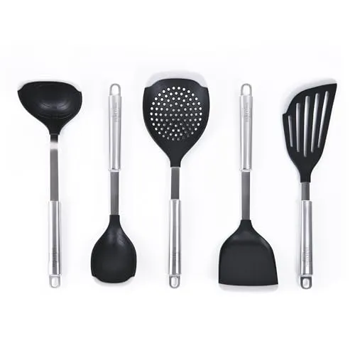 SILBERTHAL Küchenhelfer Set mit Silikon - 5-teiliges Set mit Pfannenwender, Servierlöffel, Schöpfkelle, Fischspatula und Schaumlöffel, hitzebeständig und ideal für beschichtete Pfannen