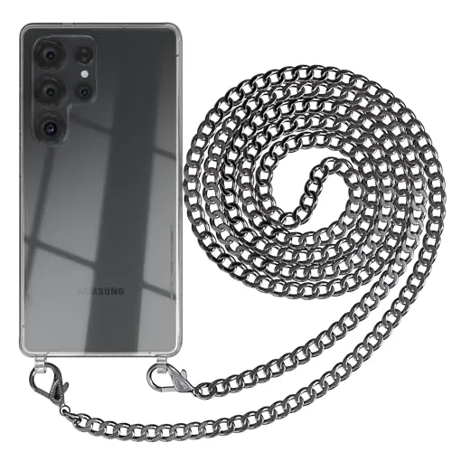 EAZY CASE Handykette kompatibel mit Samsung Galaxy S25 Ultra Handyhülle mit Metall Umhängeband und Ersatz Kordel schwarz, Handykordel mit Schutzhülle, Stylische Kette, Metall - Anthrazit