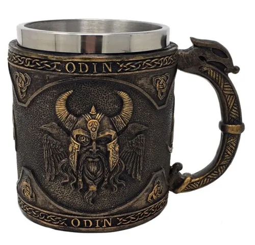 MystiCalls Bierkrug Krug Odin - Wikinger Götterkrug - Wikinger Bierkrug aus handgearbeitetem Polyresin mit herausnehmbarem Metalleinsatz, ideal für Bier und Met, perfekt für Partys und Feiern.