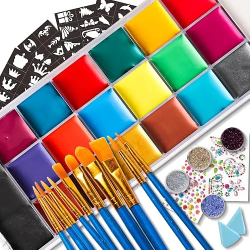 Kinderschminke Set 20 Farben Kinderschminke Fasching Schminke Karneval für Kinder Erwachsene Ungiftige Karnevalsschminke Faschingsschminke mit Pinsel Gesichtsfarbe für Halloween Karneval Fasching