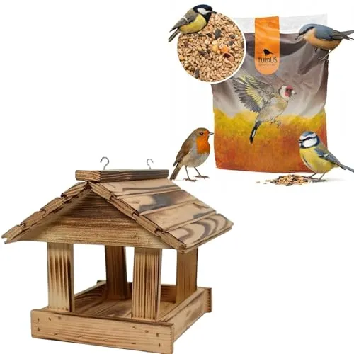 WOODOK Vogelhaus wetterfest aus robustem Holz, Futterhaus für Vögel zum Aufhängen, Rustikales Design für Balkon, ökologisch & nachhaltig, 25x25x30 cm