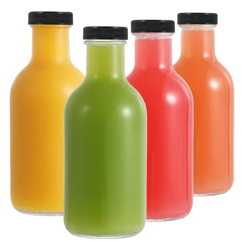 LIMILI Glas-Saftflaschen, 4 Stück, 500 ml, wiederverwendbare Glasflaschen mit Deckel, klare Glas-Trinkflaschen für hausgemachte Getränke, Picknicks, Reisen, Schule