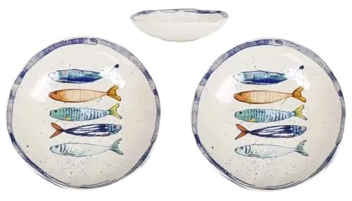WestCraft Mediterraner Speiseteller mit Sardinen-Motiv 21 cm - 2er Set - Hochwertige Speiseteller aus robustem Steinzeug, ideal für jede Gelegenheit. Der maritime Stil bringt ein Stück Mittelmeer auf Ihren Tisch und sorgt für ein besonderes Ambiente.