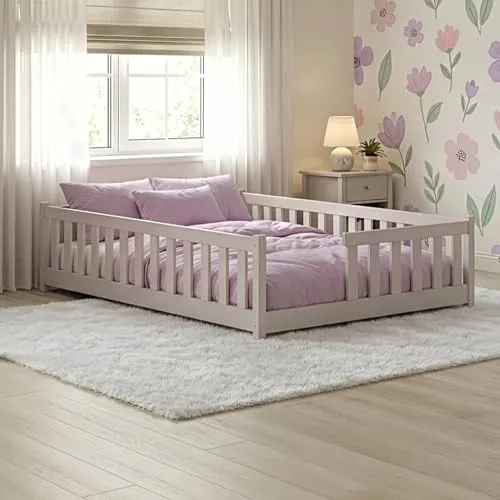 Kids Collective Kinderbett Bodenbett mit Rausfallschutz & Lattenrost Montessori Bett Bed Gitterbett Kinder Jugendbett Einzelbett | 120x200 cm | Kaschmir