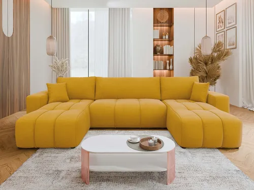 MIRJAN24 Wohnlandschaft Furyn U - Ecksofa mit Bettkasten & Schlaffunktion, Gelb - Sofa in U-Form mit großzügiger Schlaffläche von 266x130 cm und praktischem Bettkasten, ideal für Gästeübernachtungen. Perfekt für moderne Wohnräume.