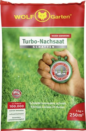 WOLF-Garten Turbo-Nachsaat LR-S 250 D/A - Gräsersamen für schnelles Schließen von Rasenlücken, mit Keimgarantie und BioActive für bis zu 30% schnellere Keimung - ideal für schattige Lagen!