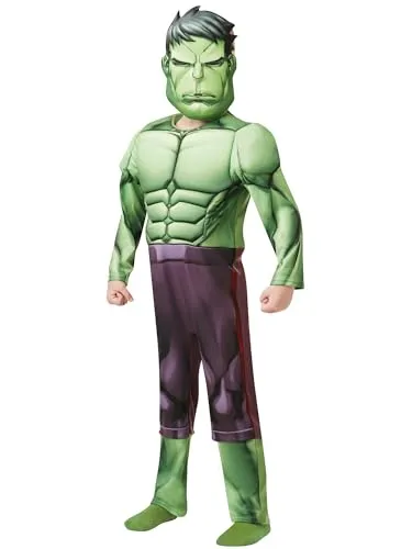 Avengers Assemble Hulk Kostüm für Kinder Deluxe - L - Kostüme, verwandle dich in den starken Hulk mit einem muskulösen Overall und passender Maske für ein unvergessliches Abenteuer!