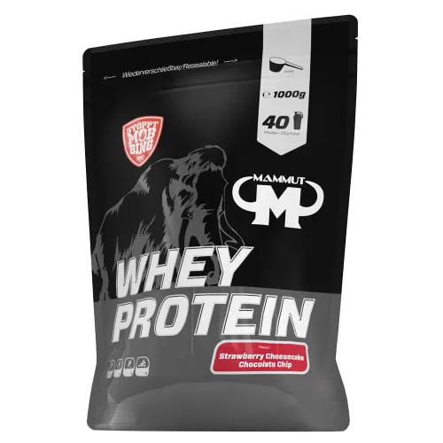 Mammut Nutrition Whey Protein Strawberry Cheesecake mit Schokoladenstückchen - Premium Molkenprotein mit 27 g Protein pro Portion, ideal für Muskelaufbau und Erhalt, perfekt löslich in Wasser oder Milch und mit praktischem Dosierlöffel.