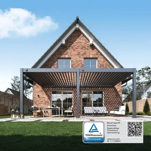 Weide Deluxe Plus Wand Pergola 4x6m aus Aluminium mit Lamellendach - Elegante 4x6m Wand Pergola aus wetterbeständigem Aluminium mit verstellbaren Lamellen für optimalen Sonnenschutz und UV-Schutz. Perfekt für stilvolle Terrassen und Gärten.