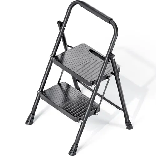 KINGRACK Trittleiter 2 Stufen Klappbar mit Sicherheitsschloss, Anti-Rutsch-Stabilem Klappleiter Tritthocker 150kg Belastbar, Leiter mit Handläufen für Zuhause, Büro, Garten, Küche, Schwarz