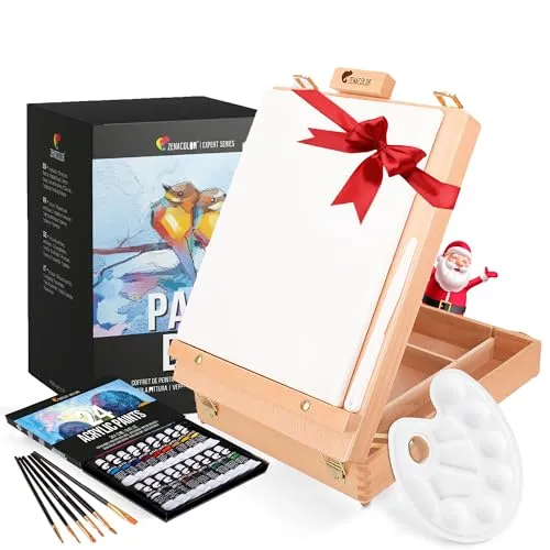 Acrylfarbe Set für Künstler 34-teilig mit Malkoffer - Staffeleien und komplettes Künstler-Set mit 24 Acrylfarben, 6 Pinseln, Leinwand und Holzbox als Staffelei - perfekt für kreative Projekte überall!